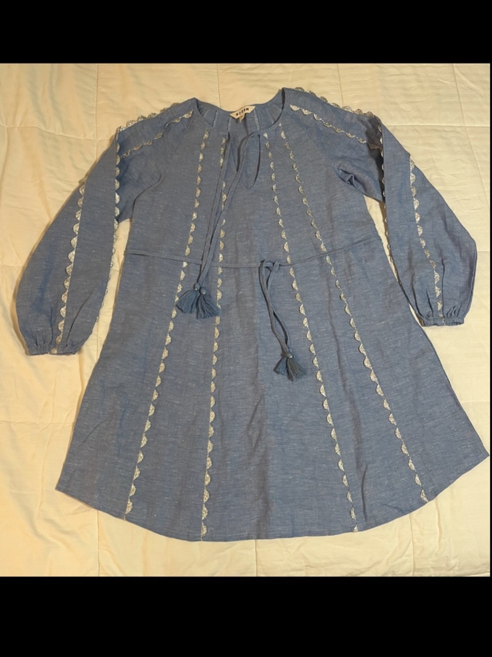 Boden Chambray Cotton Linen Denim Dress Long Sleeve Metallic Silver Trim 2 Blue